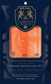 Packaged smoked salmon with Royal Cambridge House branding on a dark background 4 ounce